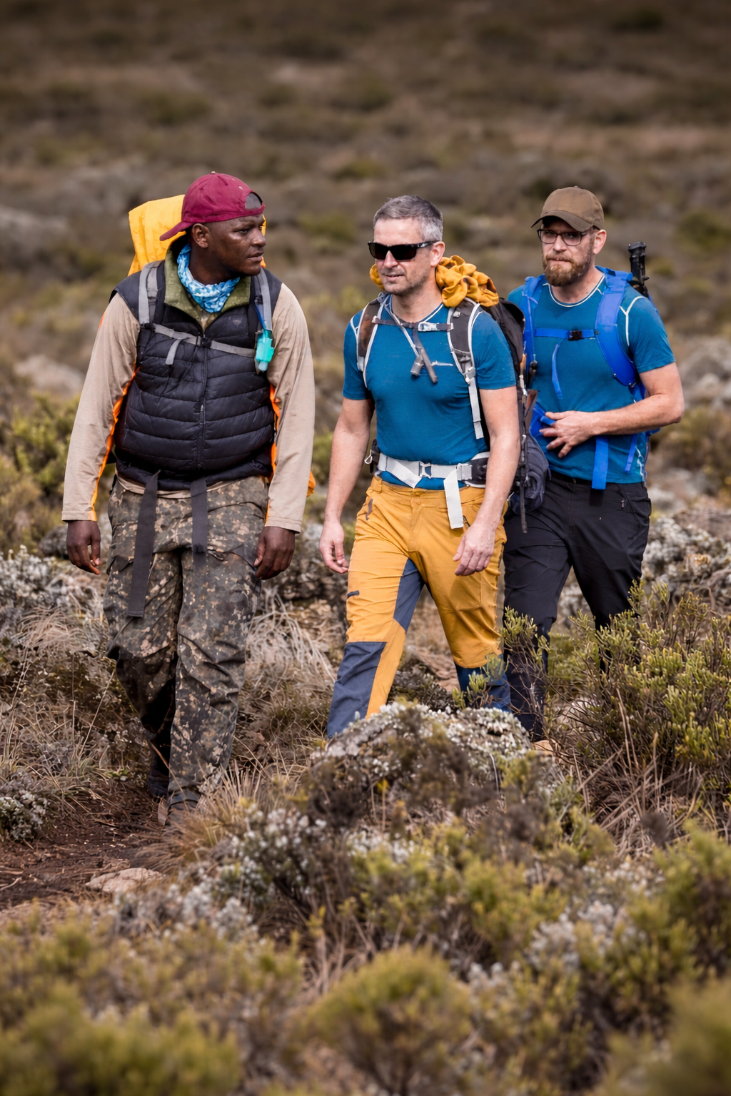 Local Kilimanjaro mountain guide leading trekkers through the moorland