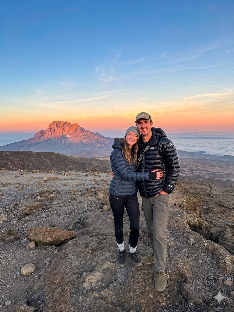 Climbers celebrating sunrise on Kilimanjaro with Mawenzi Peak behind them