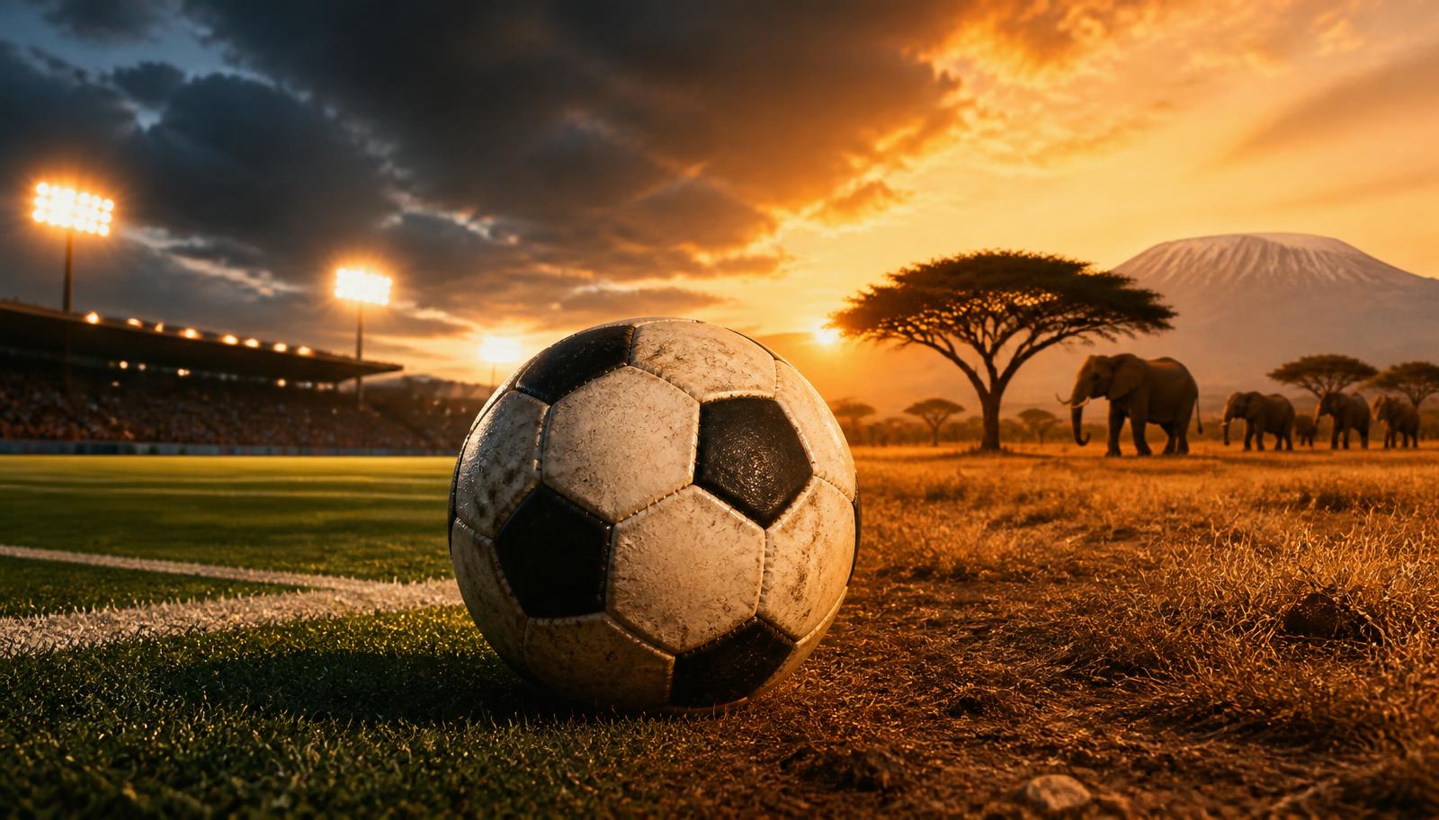 AFCON 2027 football pitch blending into a Tanzanian savanna with elephants and Mount Kilimanjaro