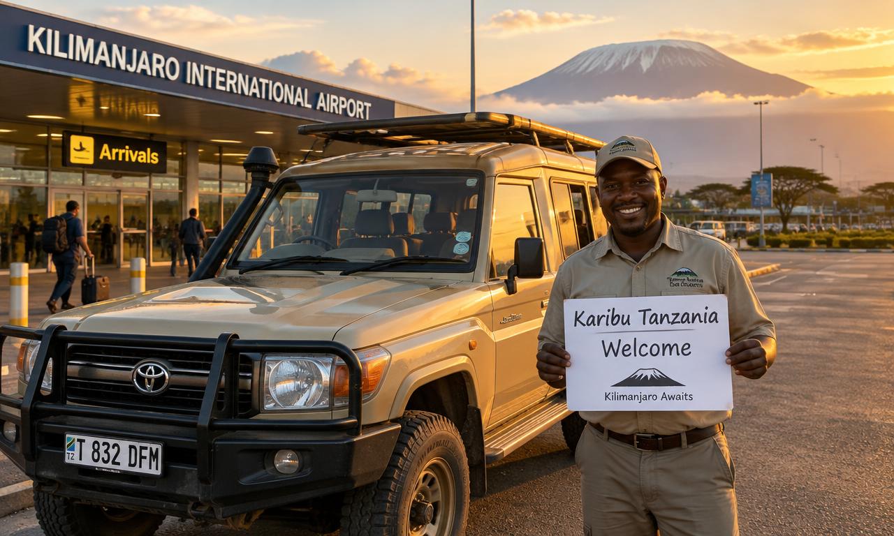 Kilimanjaro International Airport transfer — driver with safari Land Cruiser and welcome sign