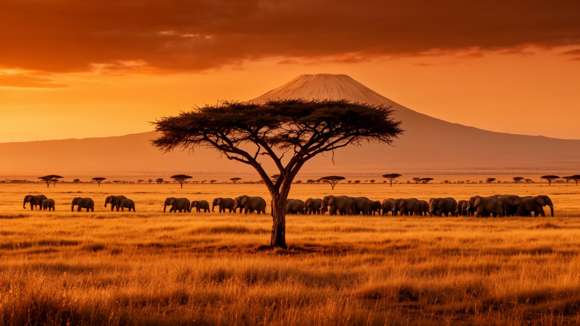 Mount Kilimanjaro and elephants in Serengeti at sunset