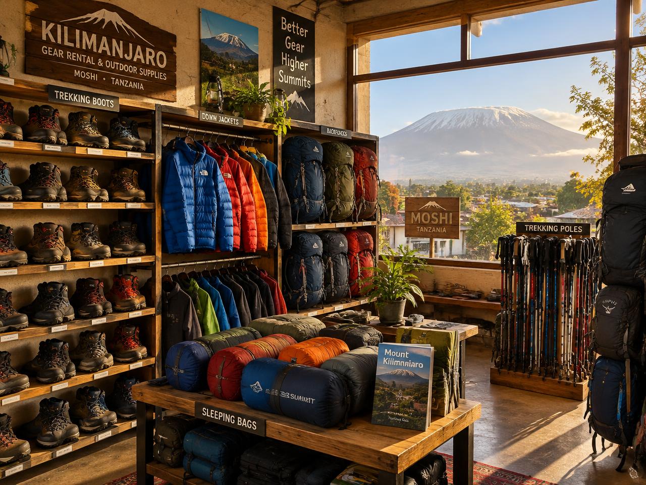 Kilimanjaro gear rental shop in Moshi — trekking boots, down jackets, sleeping bags and poles for hire